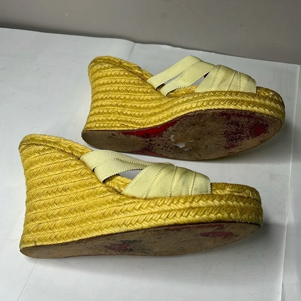 Christian Louboutin Sz 6 Yellow Ribbon Espadrille Wedges Heels Backless Sandals